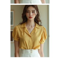 姜黄色短袖衬衫女2024新款独特漂亮小衫高端气质上衣轻熟法式小众