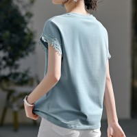 V领短袖T恤女式夏季通勤简约气质连肩袖设计蕾丝拼接上衣