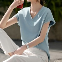 V领短袖T恤女式夏季通勤简约气质连肩袖设计蕾丝拼接上衣