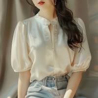 新中式GUO风香槟色短袖t恤女2024新款宽松断面上衣衬衫短袖高级感