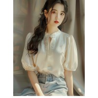 新中式GUO风香槟色短袖t恤女2024新款宽松断面上衣衬衫短袖高级感