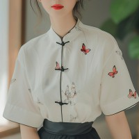 新中式GUO风正肩蝴蝶印花短袖衬衫女夏季独特设计别致绝美上衣