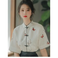 新中式GUO风正肩蝴蝶印花短袖衬衫女夏季独特设计别致绝美上衣