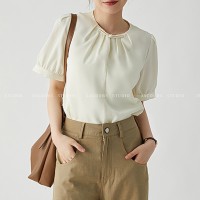 JACOOBS娅可家奶黄色新中式短袖衬衫女夏设计感压褶复古盘扣上衣