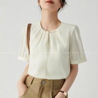 JACOOBS娅可家奶黄色新中式短袖衬衫女夏设计感压褶复古盘扣上衣