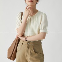 JACOOBS娅可家奶黄色新中式短袖衬衫女夏设计感压褶复古盘扣上衣
