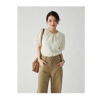 JACOOBS娅可家奶黄色新中式短袖衬衫女夏设计感压褶复古盘扣上衣