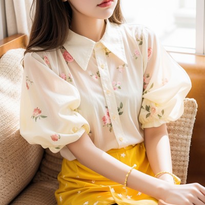 <!--米杏色碎花泡泡袖衬衫2024新款女茶歇法式小香风上衣独特漂亮小衫-->