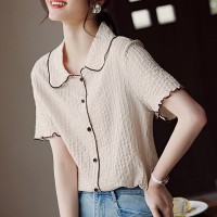 针织肌理感短袖T恤女夏季优雅撞色设计轻薄透气翻领上衣