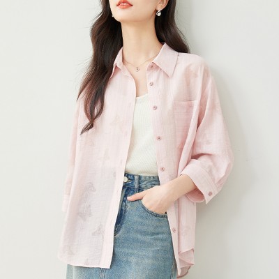 <!--高级感莱赛尔粉色防晒衬衫女2024年夏季新款宽松衬衣薄外套-->