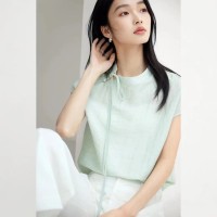 新中式2024夏装GUO风斜门襟纽扣系带设计女式短袖立领衬衫