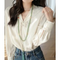 忆江南新中式GUO风提花V领盘扣宽松显瘦垂感抗皱长袖衬衫女春