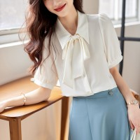 烟蓝色雪纺短袖衬衫女夏小个子垂感韩系飘带上衣温柔风