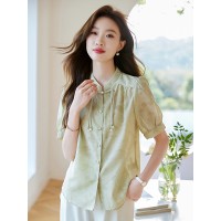 盘扣衬衫女水墨画别致上衣2024夏季新品印花长袖衬衣别致上衣
