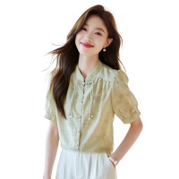 盘扣衬衫女水墨画别致上衣2024夏季新品印花长袖衬衣别致上衣