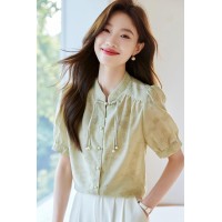 盘扣衬衫女水墨画别致上衣2024夏季新品印花长袖衬衣别致上衣