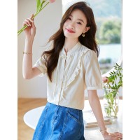 新中式短袖衬衣女2024年夏季新款气质盘扣荷叶边衬衫上衣
