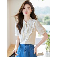 新中式短袖衬衣女2024年夏季新款气质盘扣荷叶边衬衫上衣