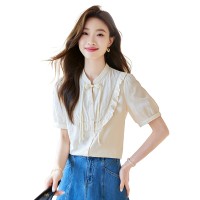 新中式短袖衬衣女2024年夏季新款气质盘扣荷叶边衬衫上衣