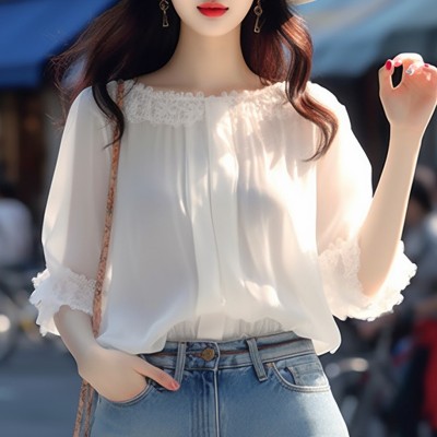 <!--白色衬衫高级感别致绝美小衫超仙一字肩蕾丝雪纺上衣女春夏季新款-->