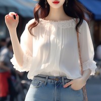 白色衬衫高级感别致绝美小衫超仙一字肩蕾丝雪纺上衣女春夏季新款