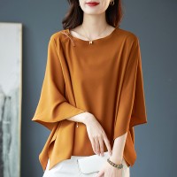 圆领蝙蝠袖宽松纯色雪纺衫2024夏季新款设计感不规则上衣女