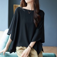 圆领蝙蝠袖宽松纯色雪纺衫2024夏季新款设计感不规则上衣女