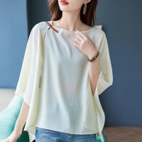 圆领蝙蝠袖宽松纯色雪纺衫2024夏季新款设计感不规则上衣女