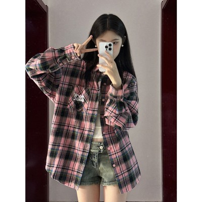 <!--美式复古秋季长袖格子衬衫女春秋季潮牌甜酷学院风polo领衬衣外套-->