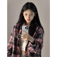 美式复古秋季长袖格子衬衫女春秋季潮牌甜酷学院风polo领衬衣外套