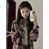 美式复古秋季长袖格子衬衫女春秋季潮牌甜酷学院风polo领衬衣外套