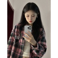 美式复古秋季长袖格子衬衫女春秋季潮牌甜酷学院风polo领衬衣外套