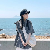 日系复古格子短袖衬衫女夏夏季设计感小众衬衣韩系宽松娃娃衫上衣
