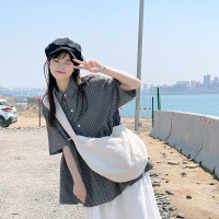 日系复古格子短袖衬衫女夏夏季设计感小众衬衣韩系宽松娃娃衫上衣