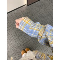 复古撞色格子长袖衬衫女2024春秋oversize高级感休闲百搭衬衣外套