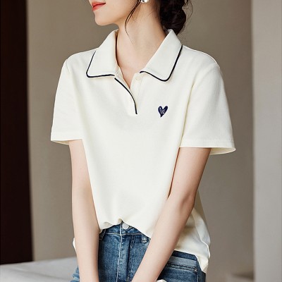 <!--爱心白色短袖T恤女夏季新款休闲简约通勤百搭POLO衫上衣-->
