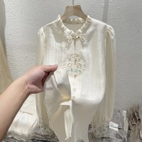 2024春夏新款木耳边刺绣新中式雪纺衫女泡泡袖GUO风盘扣衬衫上衣