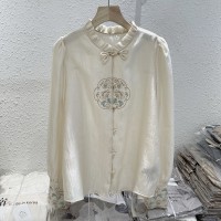 2024春夏新款木耳边刺绣新中式雪纺衫女泡泡袖GUO风盘扣衬衫上衣