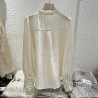 2024春夏新款木耳边刺绣新中式雪纺衫女泡泡袖GUO风盘扣衬衫上衣