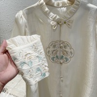 2024春夏新款木耳边刺绣新中式雪纺衫女泡泡袖GUO风盘扣衬衫上衣