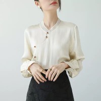 春夏季2024新款杏色复古GUO风时尚设计感立领修身百搭衬衫女