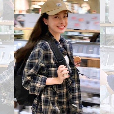 <!--美式复古格子衬衫女2024春夏新款宽松设计感小众别致长袖上衣外套-->