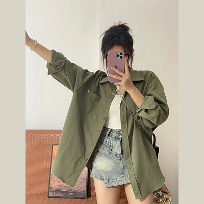 <!--港风复古衬衫外套女薄款2024早春新款女装宽松长袖设计感上衣衬衣-->
