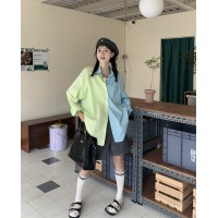 撞色设计感长袖防晒衫女夏季韩版2024新款宽松中长款别致衬衫上衣