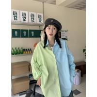 撞色设计感长袖防晒衫女夏季韩版2024新款宽松中长款别致衬衫上衣