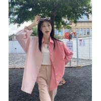 撞色设计感长袖防晒衫女夏季韩版2024新款宽松中长款别致衬衫上衣