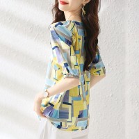 2024夏季新款气质优雅文艺碎花衬衫休闲上衣女短袖衬衣