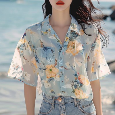 <!--蓝色碎花衬衫女高级感轻奢夏季法式绝美上衣今年流行漂亮小衫-->