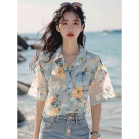 蓝色碎花衬衫女高级感轻奢夏季法式绝美上衣今年流行漂亮小衫