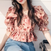 法式干枯玫瑰色碎花泡泡袖衬衫2024新款洋气独特别致上衣甜美减龄